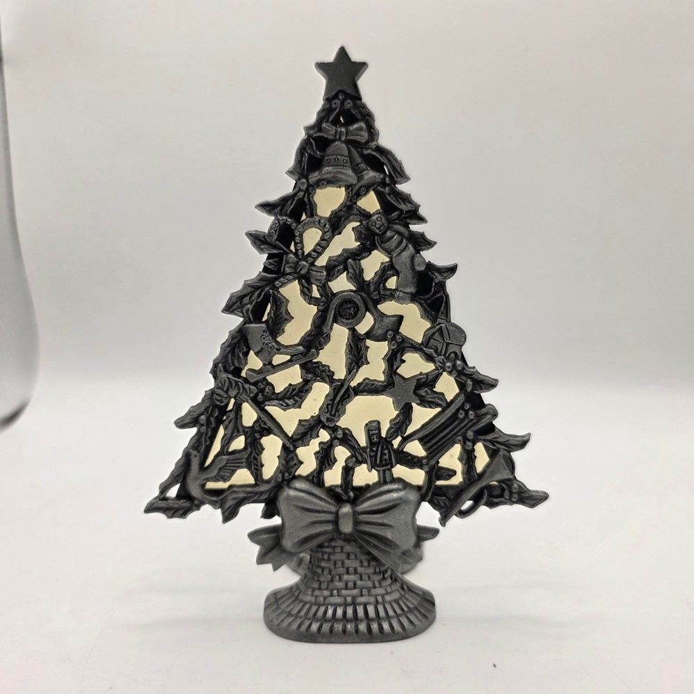 Vintage Pewter Tone Metal Christmas Tree Tea Light Candle Holder Nutcracker Star